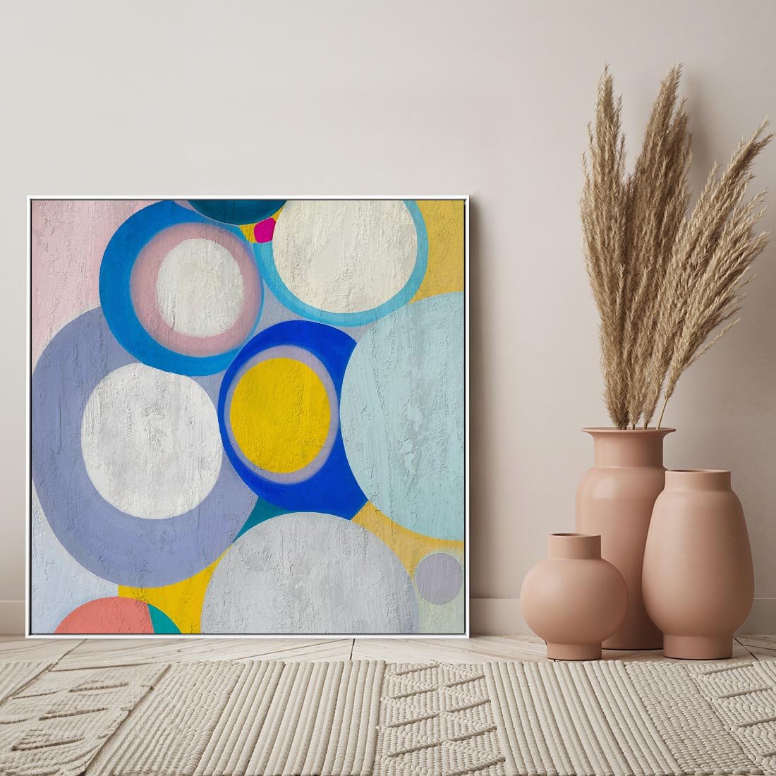 Obraz w ramie 50x50 - Rozkwitająca Symfonia Serca - abstrakcyjne geometryczne kształty, olejny obraz - rama biała