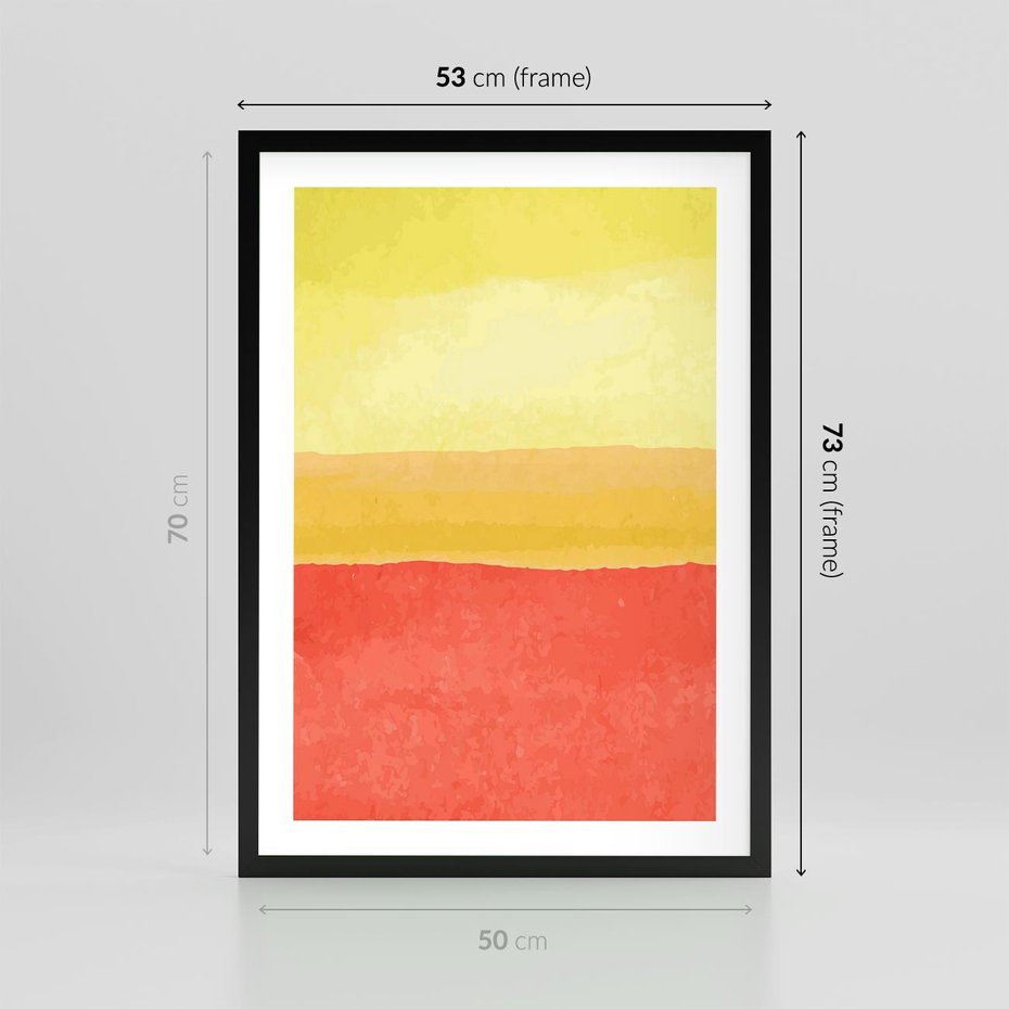 Plakat w ramie 50x70 - Rozmyte Odbicia - kolorowe akwarelowe pasy, odcienie żółci i czerwieni - rama czarna