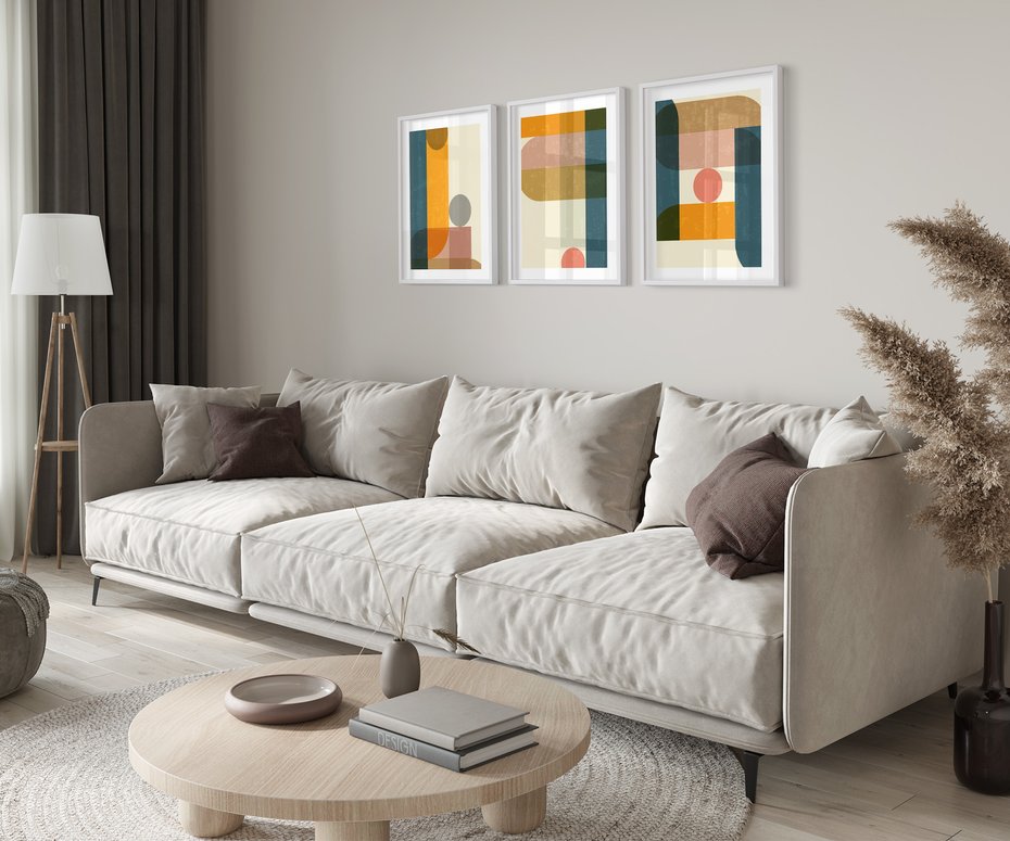 Zestaw obrazy w ramie 30x40 galeria - Retro, kolorowe, geometryczne - rama biała