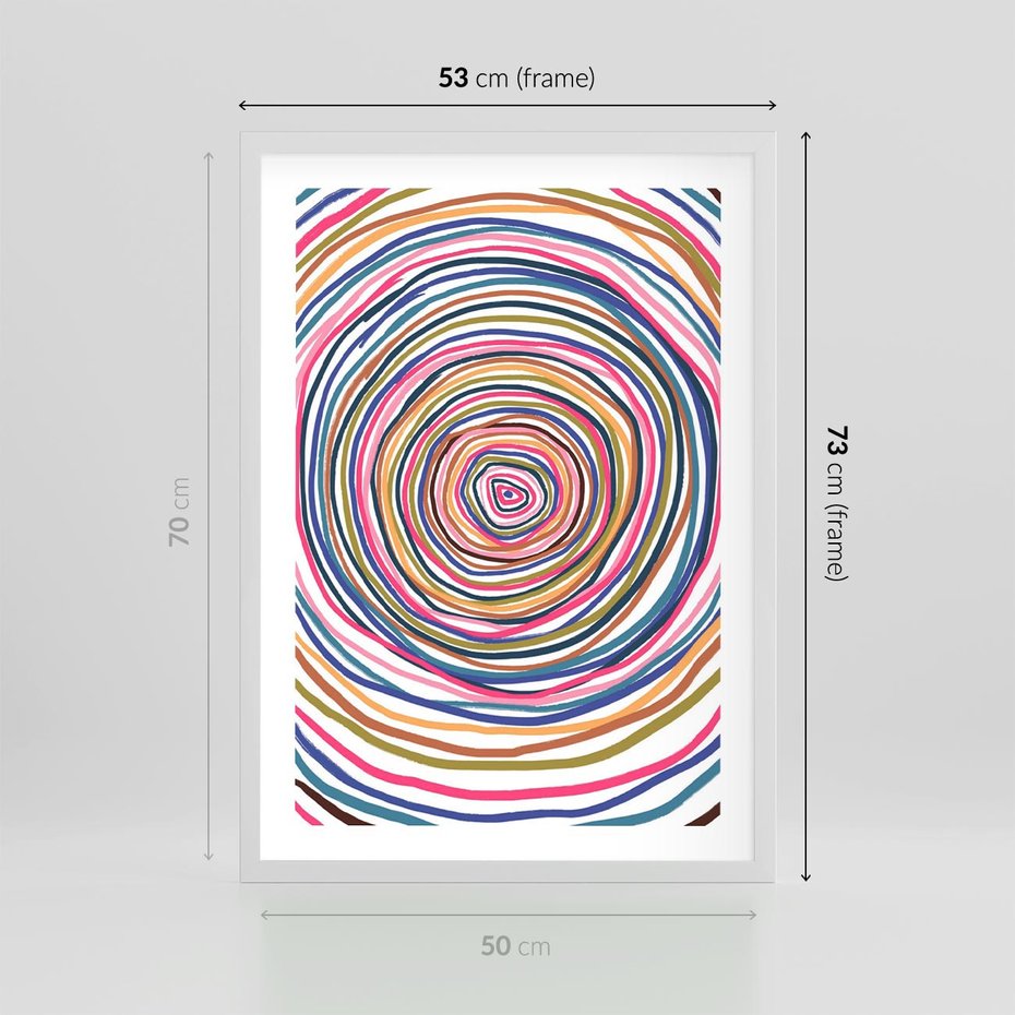 Plakat w ramie 50x70 - Cyrkulująca Harmonia - kolorowe etniczne wzory, tęczowe żywe kolory - rama biała