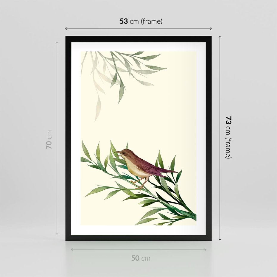 Plakat w ramie 50x70 - Roślinne Nastroje - japońska sztuka, ptak - rama czarna
