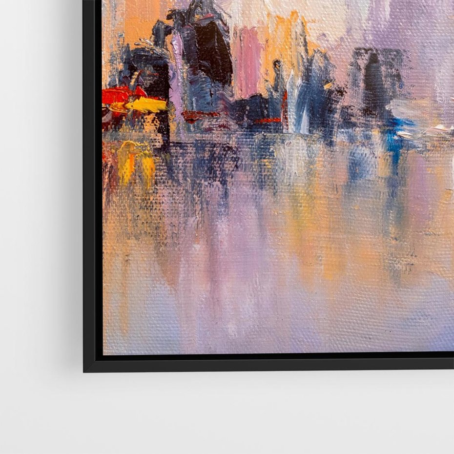 Obraz w ramie 50x50 - Miasto Refleksji - olejna panorama miasta w oddali, wiezowce odbijają się w rzece - rama czarna