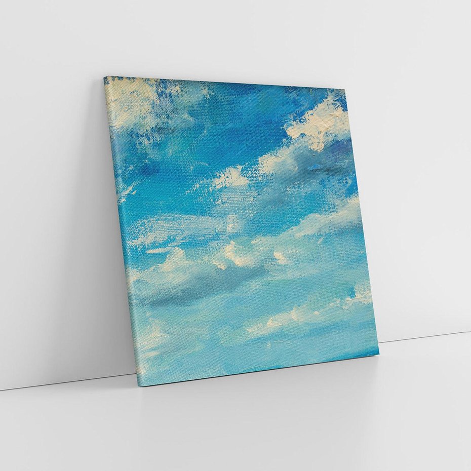 Obraz na płótnie 40x40 - Oddechy niebiańskiej materii - olejny obraz, smugi farby przypominają obłoki na błękitnym niebie