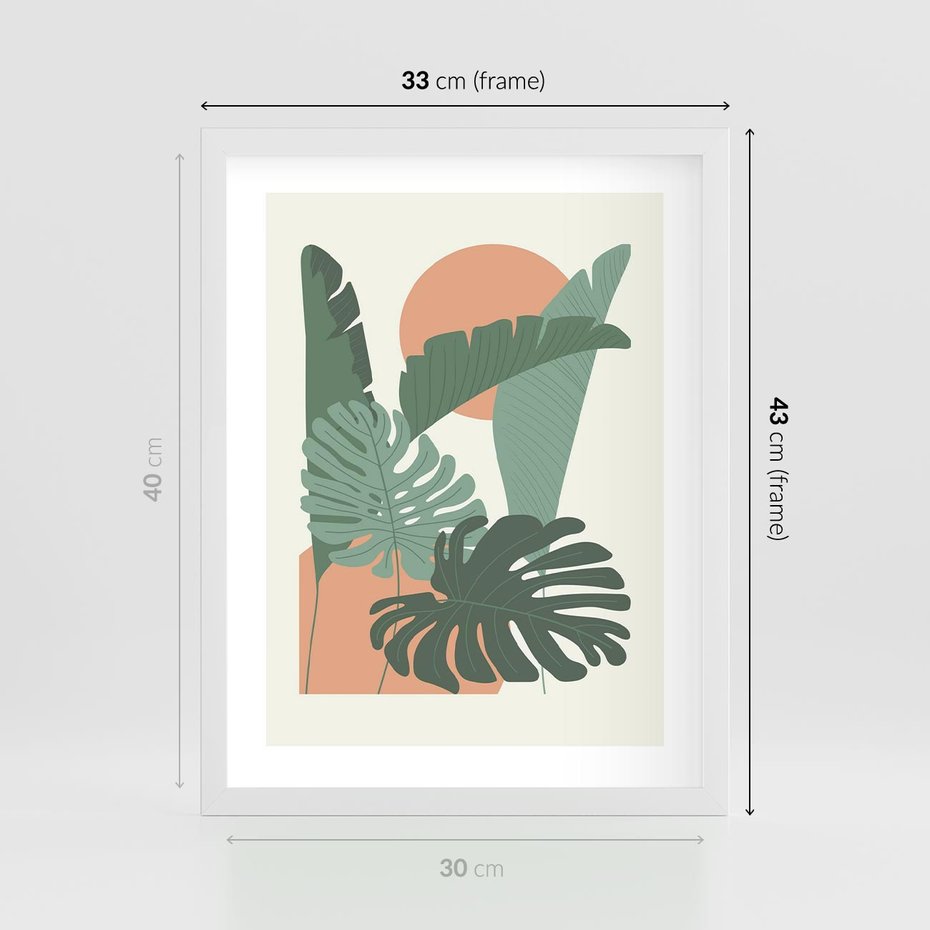 Plakat w ramie 30x40 - Abstrakcyjne Tropiki - liście, rośliny tropikalne w graficznym stylu - rama biała