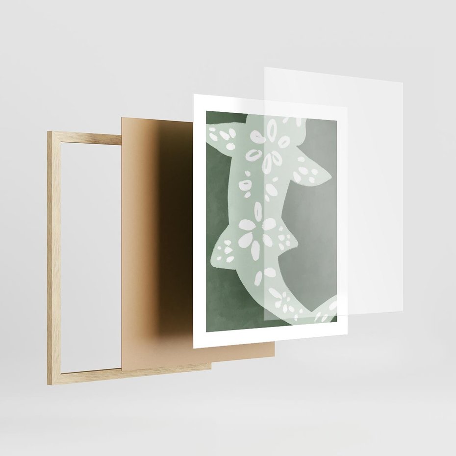 Plakat w ramie 40x50 - Migotliwe Wibracje Zieleni - zielony plakat, abstrakcja przypominająca rybę - rama drewno