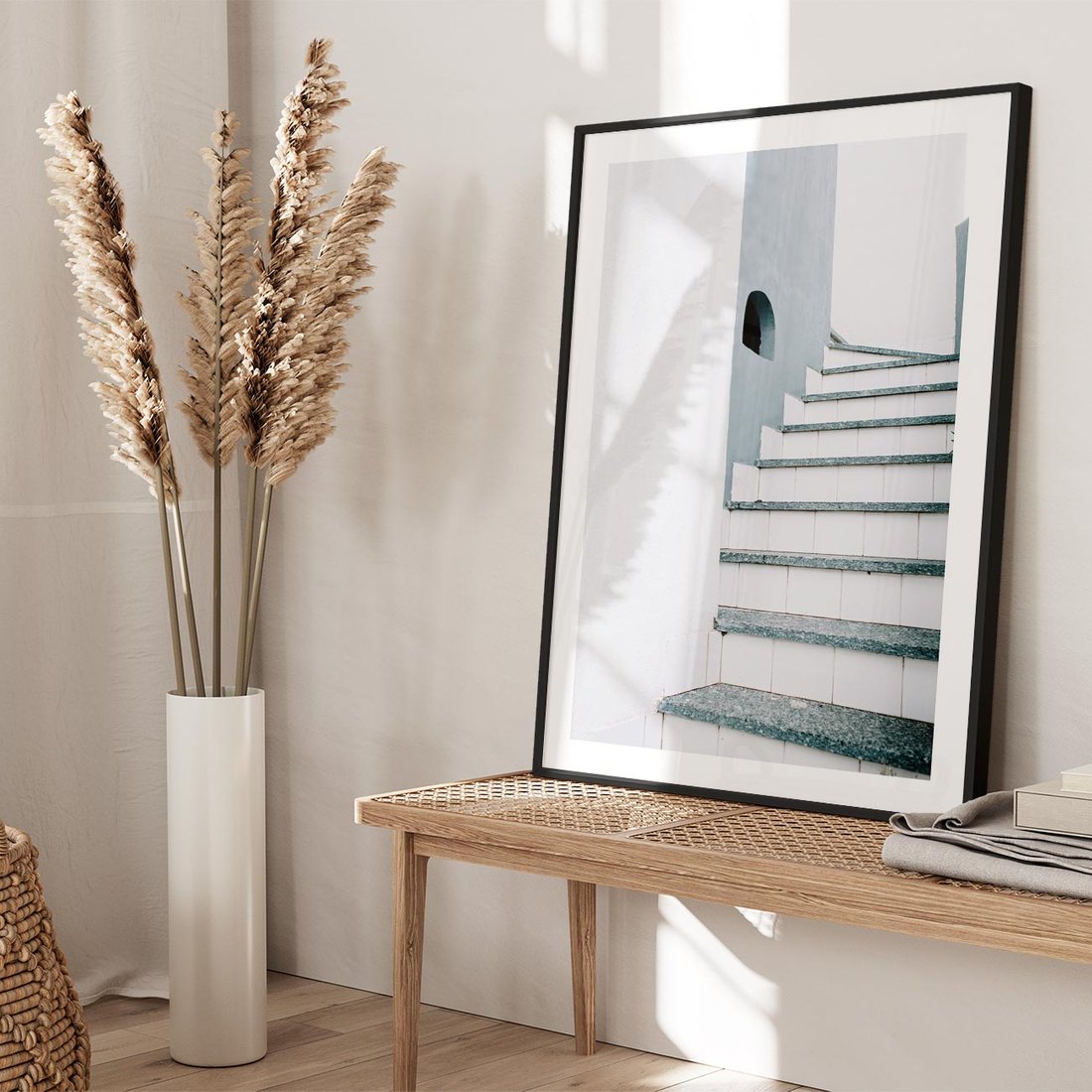 Plakat w ramie 50x70 - Schody ku Urokowi Wyspy - schody, santorini - rama czarna