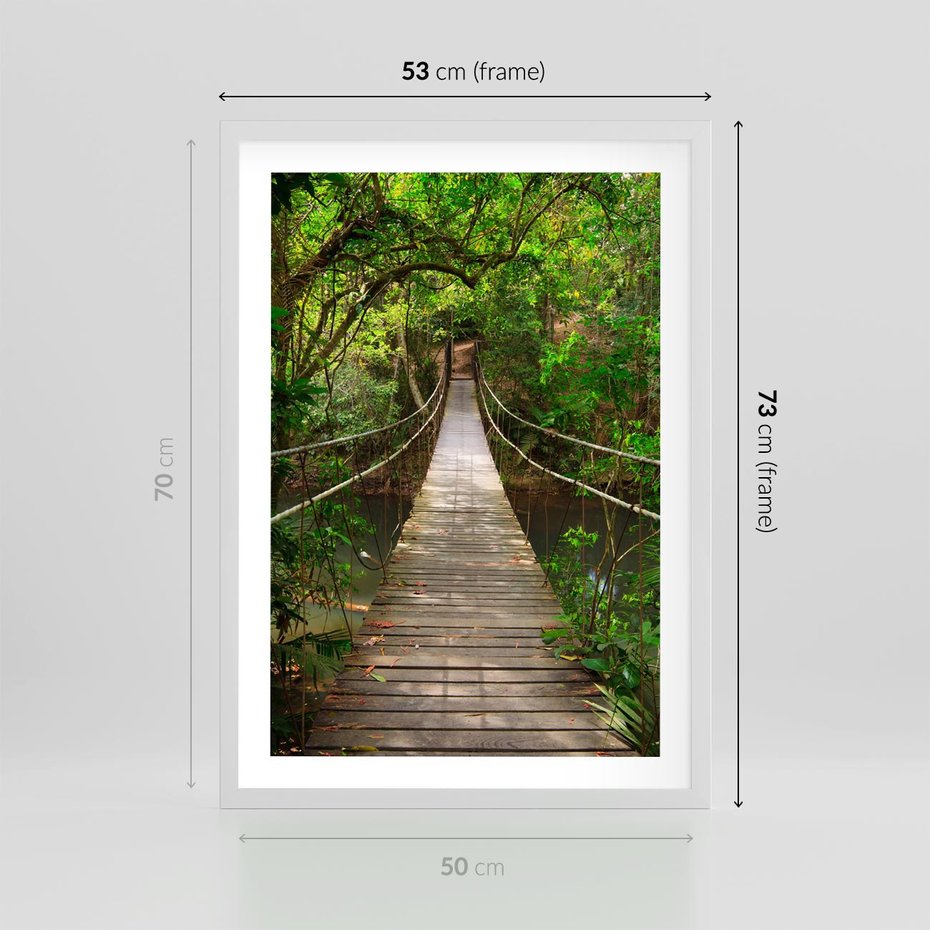 Plakat w ramie 50x70 - Przez Dżunglę - most, linowy - rama biała