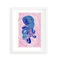 Plakat w ramie 40x50 - Rozkwitające marzenia - abstrakcyjna kompozycja, niebieska ośmiornica wśród różowej roślinnośći - rama biała