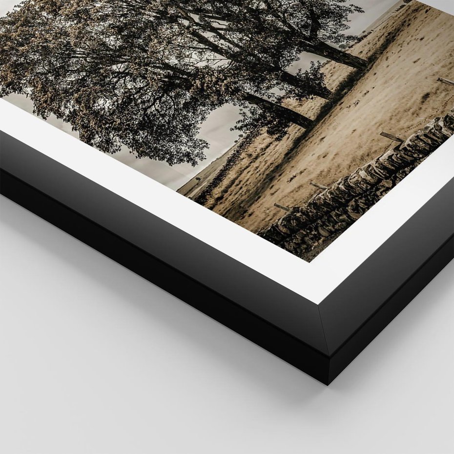 Plakat w ramie 30x40 - Spokojna Osamotniona Chwila - beżowe kolory, samotne drzewo na polu - rama czarna