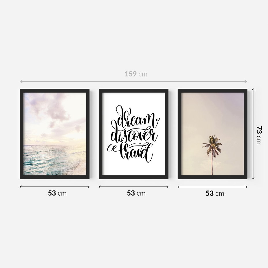 Zestaw obrazy w ramie 50x70 galeria - Cytat, podróż, rajska, plaża - rama czarna