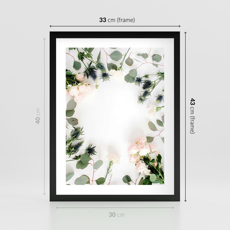 Plakat w ramie 30x40 - Róże i Zielone Liście - kompozycja kwiatowa, róże - rama czarna