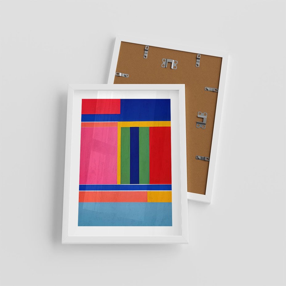 Plakat w ramie 30x40 - Wnętrza Rozplątanych Barw - abstrakcyjny geometryczny obraz olejny, kolorowe pasy - rama biała