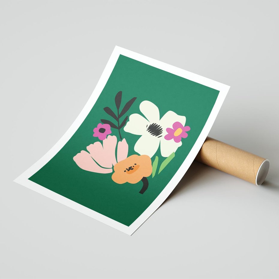 Plakat bez ramy 21x30 - Rozbijające Echa - abstrakcyjne kwiaty, zielone tło