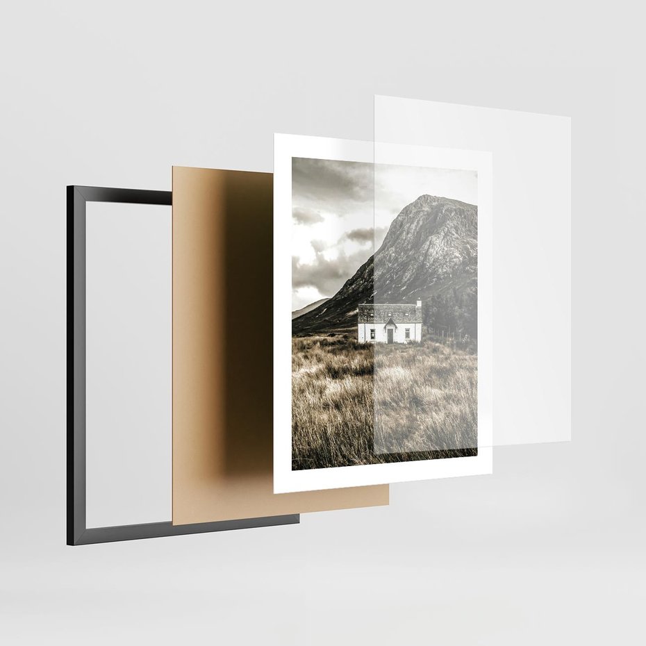 Plakat w ramie 40x50 - Biały Domek w Sepii: Wiejski Urok - domek w górach, kolory sepii - rama czarna