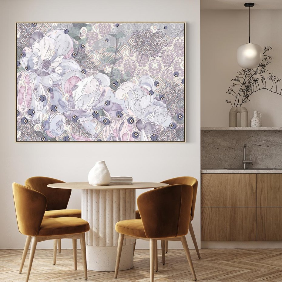 Obraz w ramie 70x50 - Malowane oddechy istnienia - pomieszane tekstury, kwiatowe elementy - rama drewno