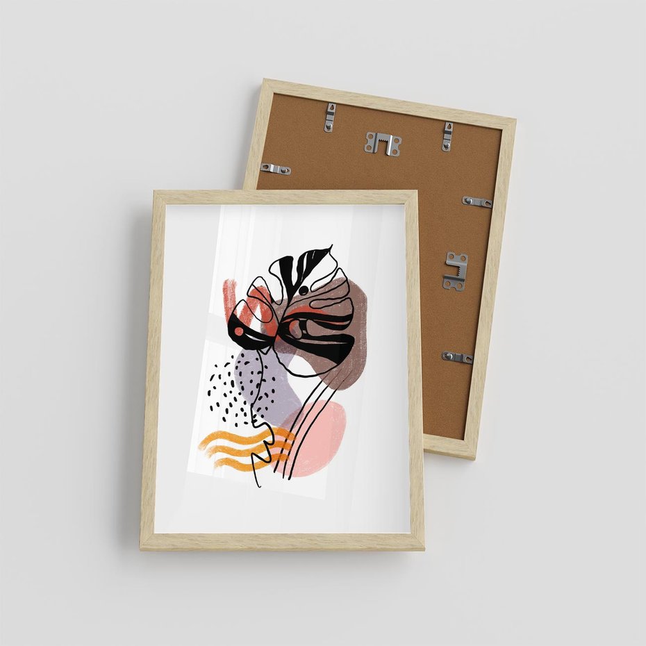 Plakat w ramie 30x40 - Wibracje Abstrakcyjnych Form - abstrakcyjna sztuka, liść monstery - rama drewno