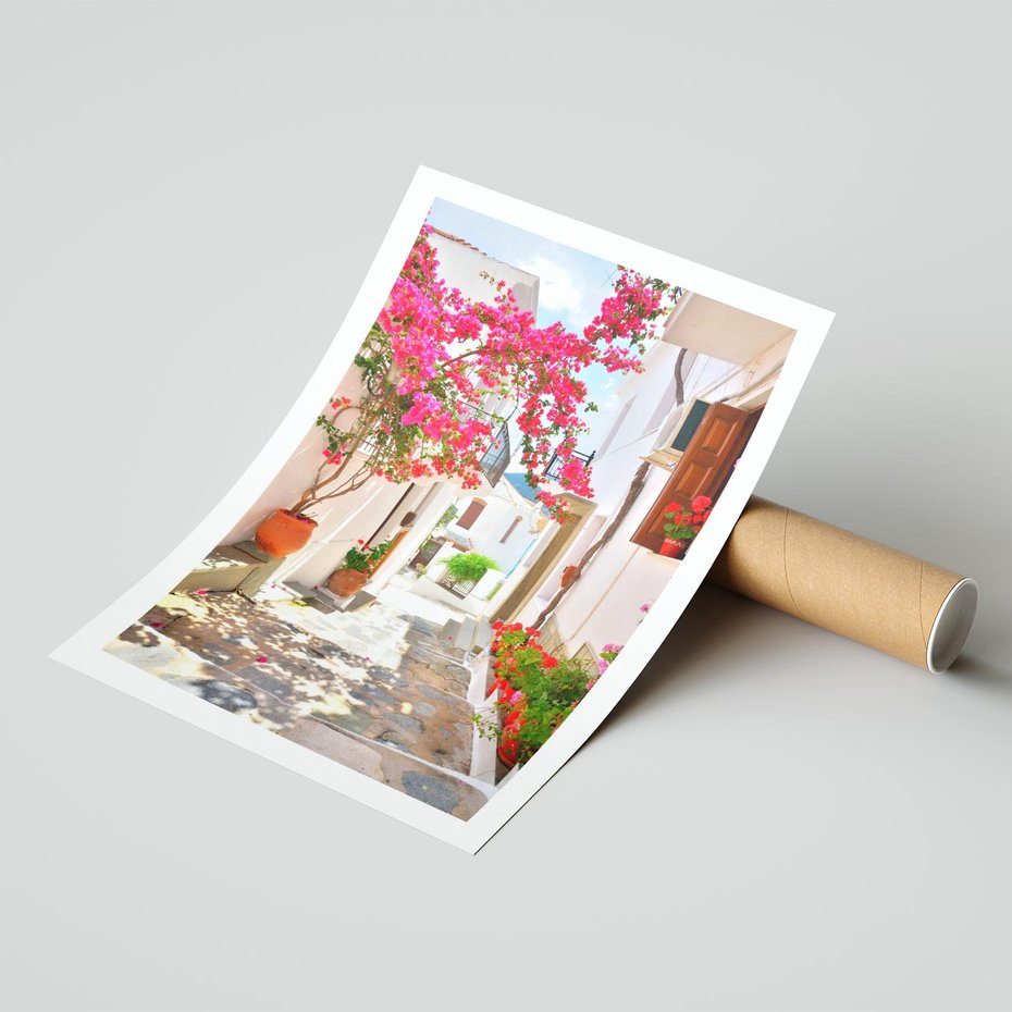 Plakat bez ramy 21x30 - Kwiatowa uliczka wakacji - kwiaty, uliczka