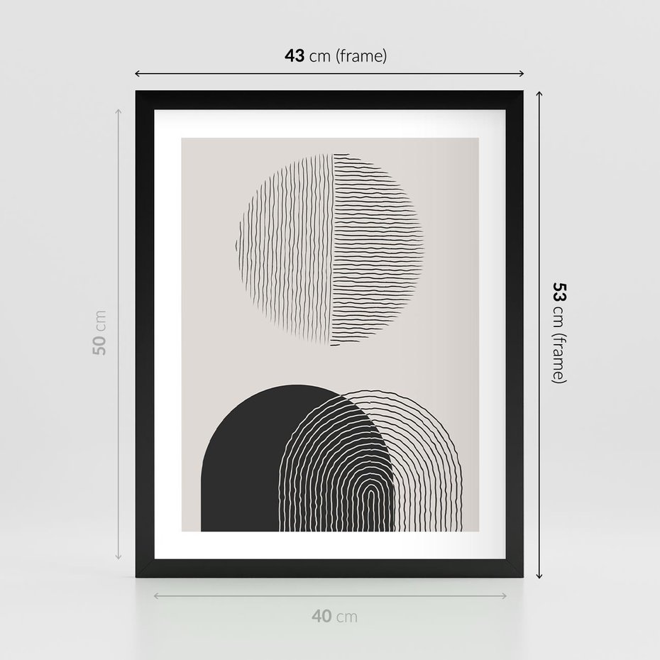 Plakat w ramie 40x50 - Przenikająca Rzeczywistość - abstrakcyjna kompozycja, okręgi i półokręgi - rama czarna