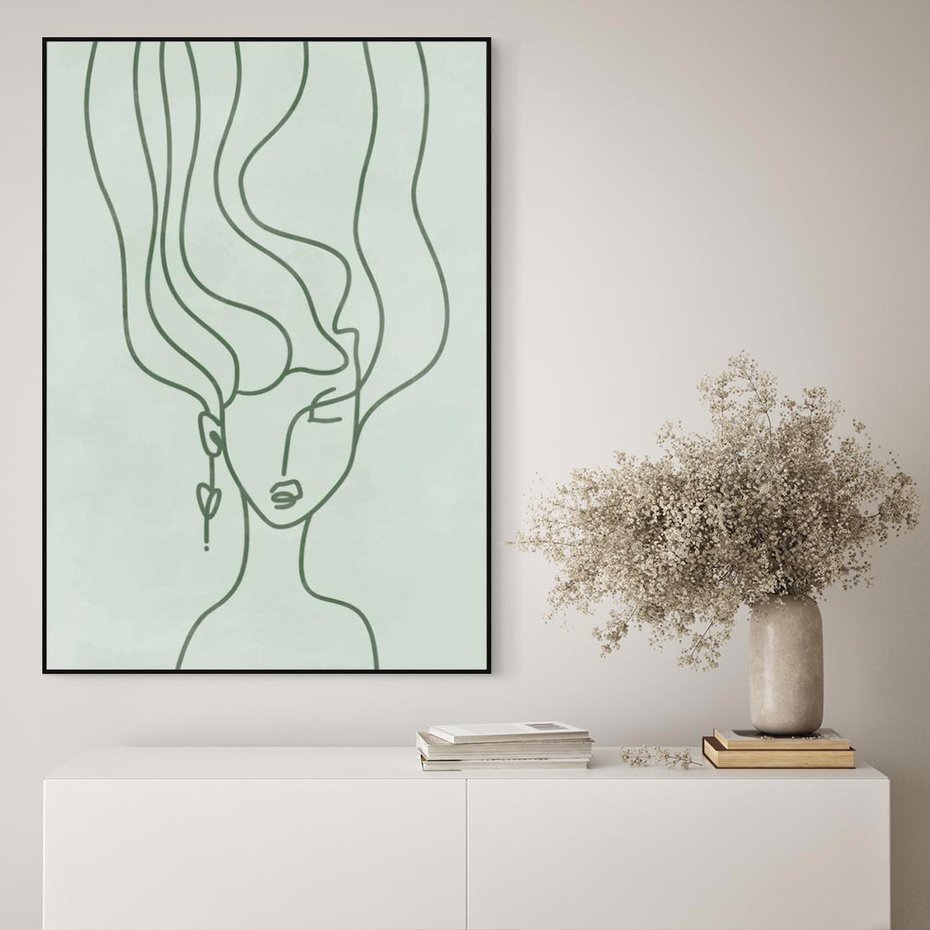 Obraz w ramie 70x100 - Spokojne Objęcia Natury - abstrakcja, zielony szkic - rama czarna