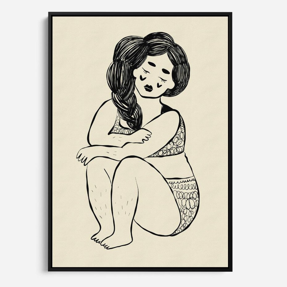 Obraz w ramie 50x70 - Migotliwe Refleksje - nowoczesny minimalistyczny rysunek, dziewczyna w bieliźnie - rama czarna