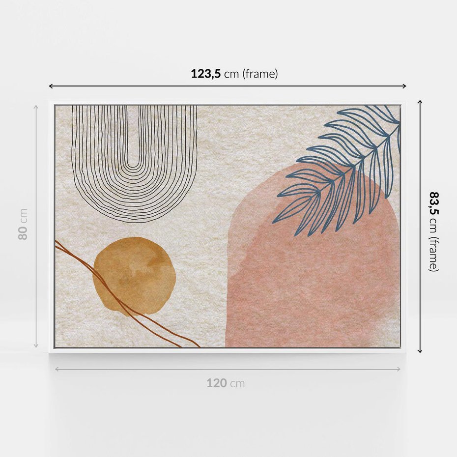 Obraz w ramie 120x80 - Liście i Geometrie - nowoczesny, akwarelowe plamy - rama biała