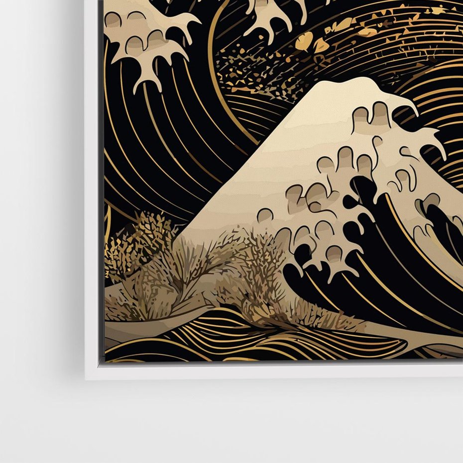 Obraz w ramie 50x50 - Złote Piękno - ciemny obraz, fala morska - rama biała