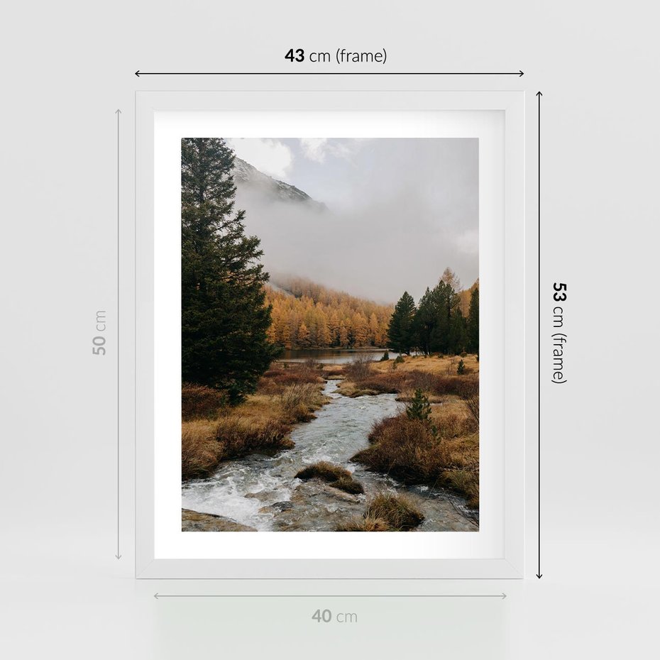 Plakat w ramie 40x50 - W Górskiej Dolinie - artystyczna fotografia, las - rama biała