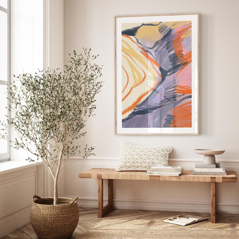 Plakat w ramie 30x40 - Pokreślony Świat - abstrakcyjne formy, odcienie pomarańczu i fioletu - rama drewno