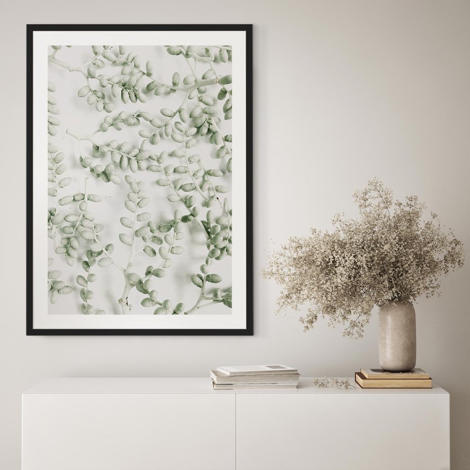 Plakat w ramie 30x40 - Delikatność Zieleni - zielone gałązki, listki - rama czarna