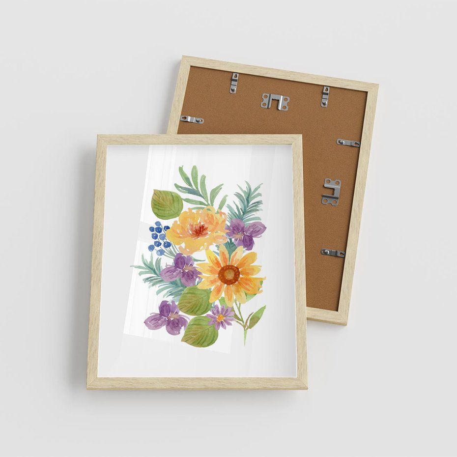 Plakat w ramie 40x50 - Kwiatowe Inspiracje - akwarelowe polne kwiaty, minimalistyczny plakat - rama drewno