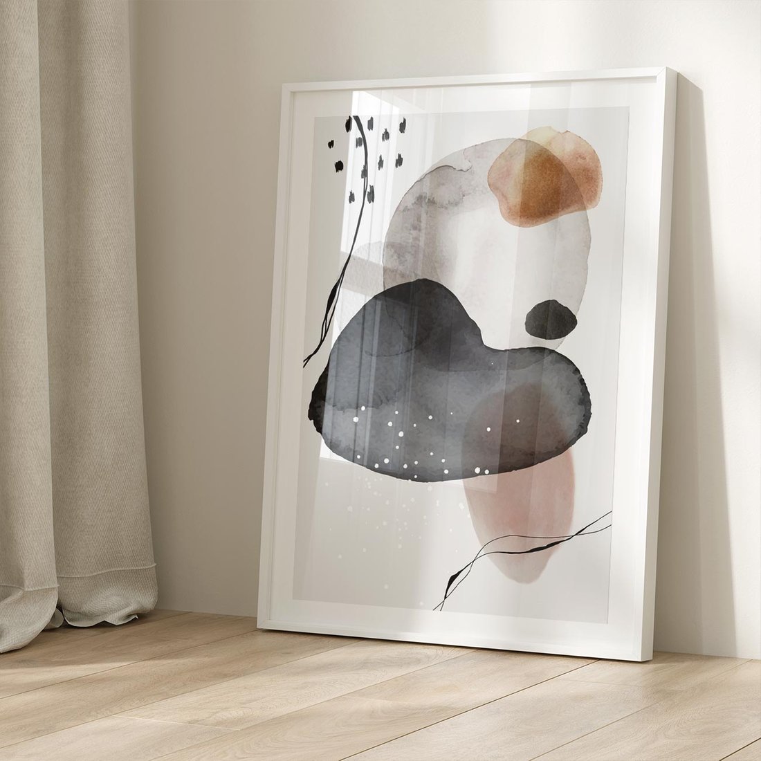 Plakat w ramie 40x50 - Impresje Harmonii - abstrakcyjne plamy akwarelowe, czarny szkic - rama biała