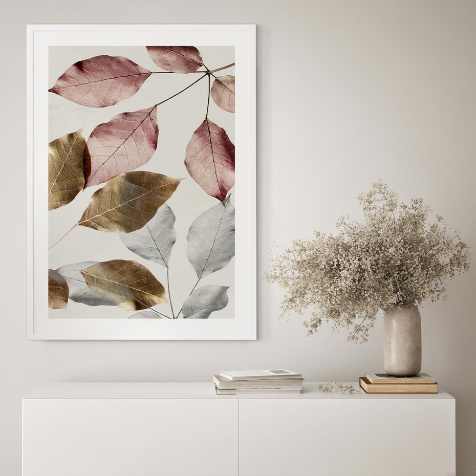 Plakat w ramie 40x50 - Pastelowe Liście z Nutką Złota - liście, pastelowe kolory - rama biała