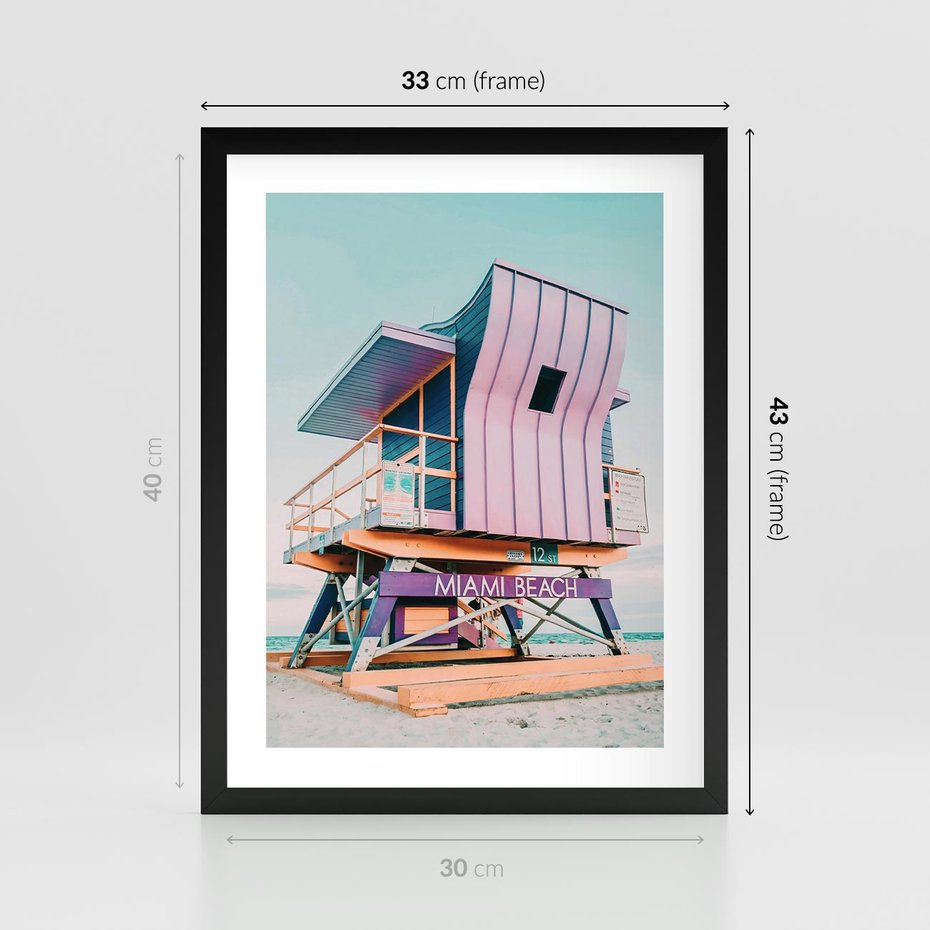 Plakat w ramie 30x40 - Miami Beach - plaża miami, domek ratownika - rama czarna