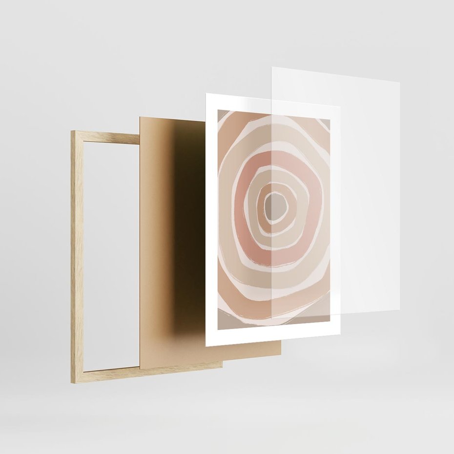 Plakat w ramie 30x40 - Roztopione Granice - abstakcyjne koła, delikatne odcienie beżu - rama drewno