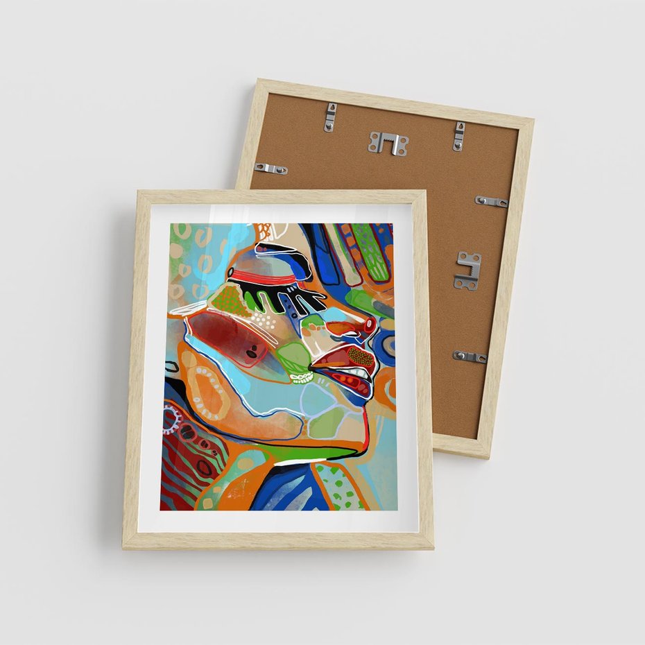 Plakat w ramie 40x50 - Kolorowe Wnętrza Kształtów - abstrakcyjny portret kobiety, twarz - rama drewno