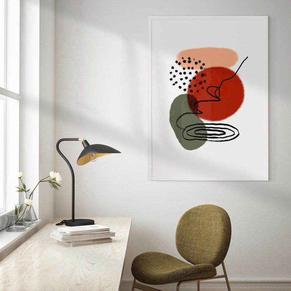 Plakat w ramie 30x40 - Boho w Brązie - abstrakcyjna sztuka, boho kształty - rama biała