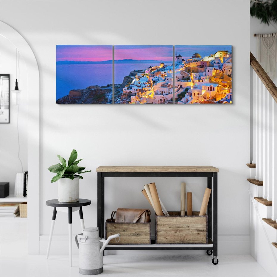 Obraz na płótnie 150x50 - Wyblakłe wspomnienia gwiazd - Santorini, wieczór