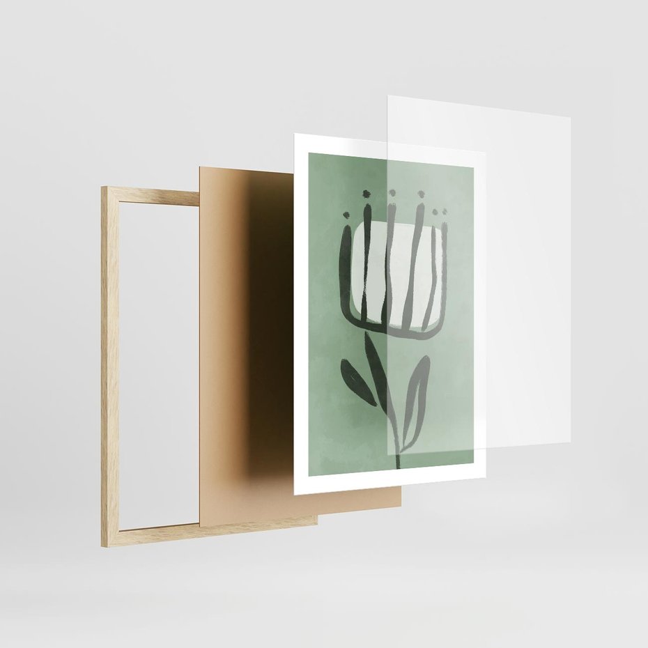 Plakat w ramie 50x70 - Objęcia Zieleni - zielona abstrakcja, zgaszona zieleń - rama drewno