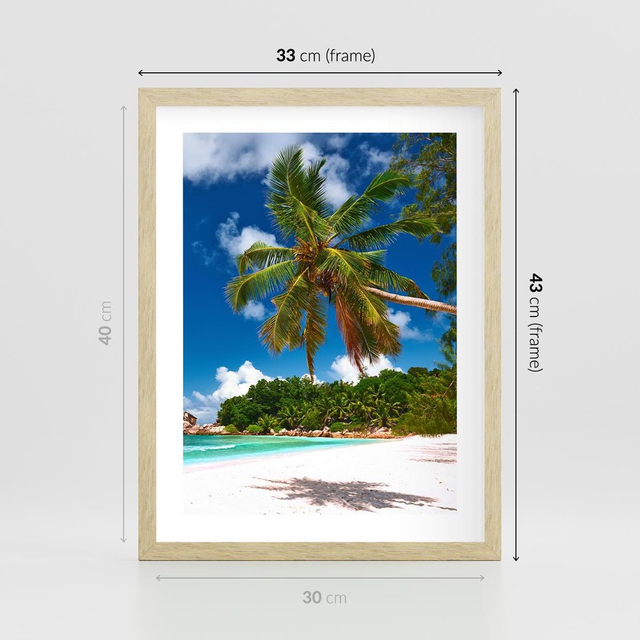 Plakat w ramie 30x40 - Oaza palm na plaży - palma, plaża - rama drewno