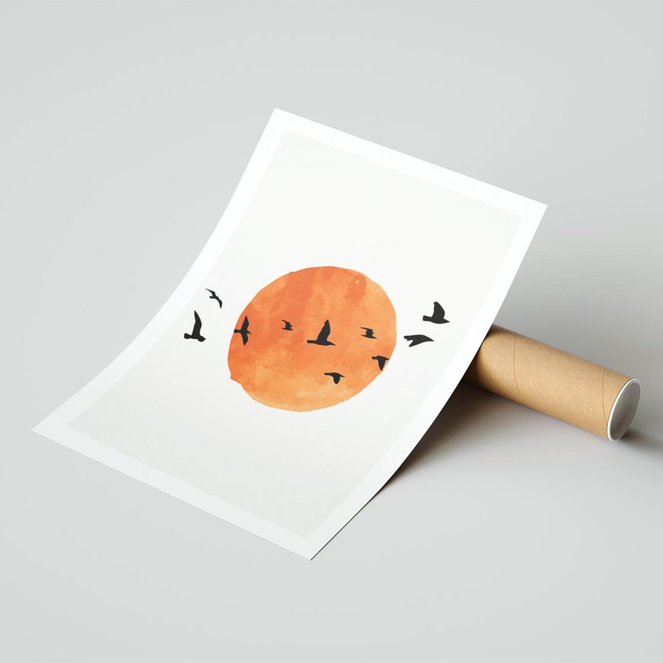 Plakat bez ramy 21x30 - Zachód Słońca i Ptaki - grafika akwarela, czarne ptaki na tle zachodu słońca