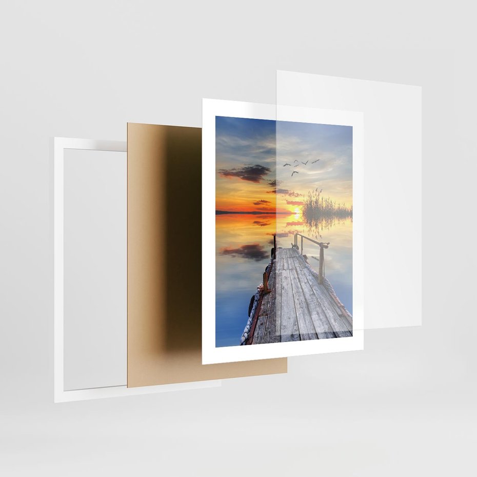 Plakat w ramie 40x50 - Zachód słońca na pomostach - zachód, słońca - rama biała