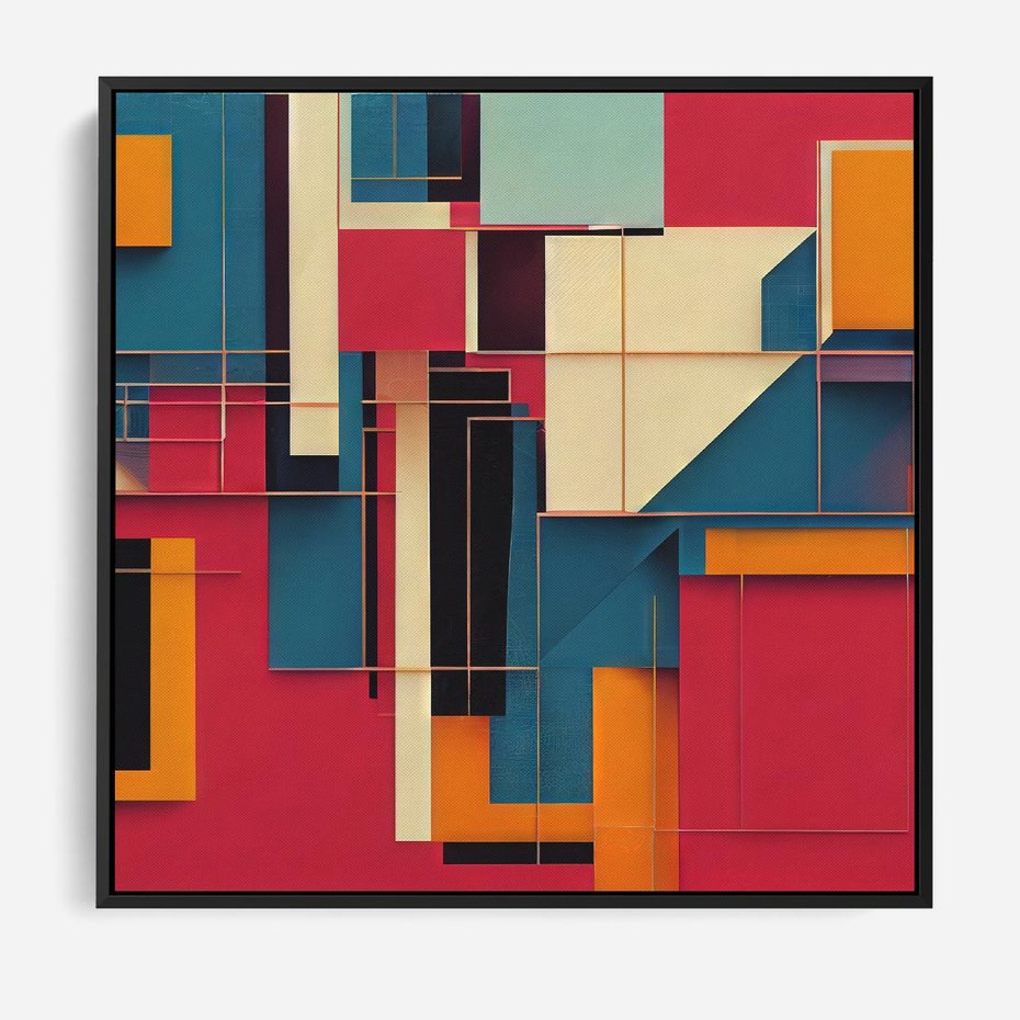 Obraz w ramie 50x50 - Przejście przez labirynt myśli - kolorowa abstrakcja, instalacja z prostokątów i lini - rama czarna