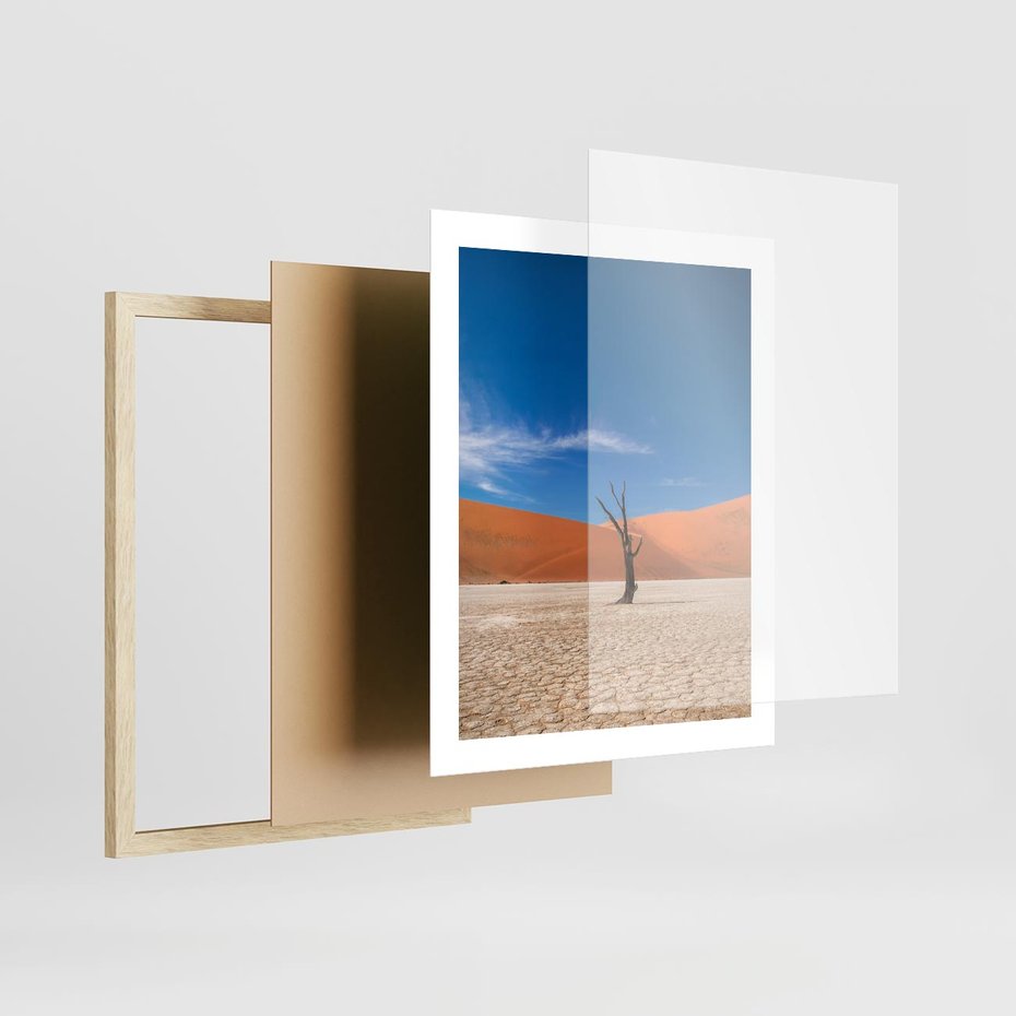 Plakat w ramie 40x50 - Słońce i Suche Drzewo - pustynia, suche - rama drewno