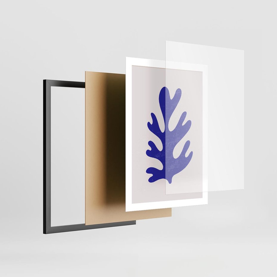 Plakat w ramie 50x70 - Przenikająca Struktura - boho plakat, niebieski liść w intensywnym kolorze - rama czarna