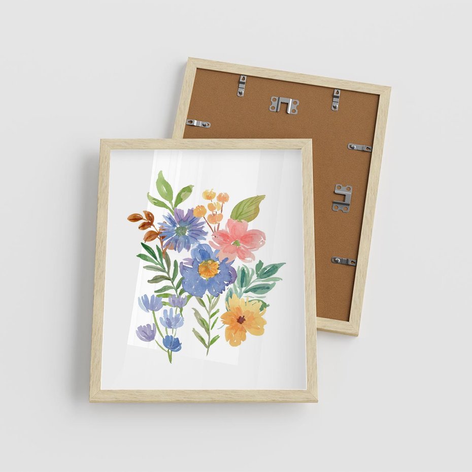 Plakat w ramie 40x50 - Kwiatowe Opowieści - akwarelowe polne kwiaty, minimalistyczna sztuka - rama drewno