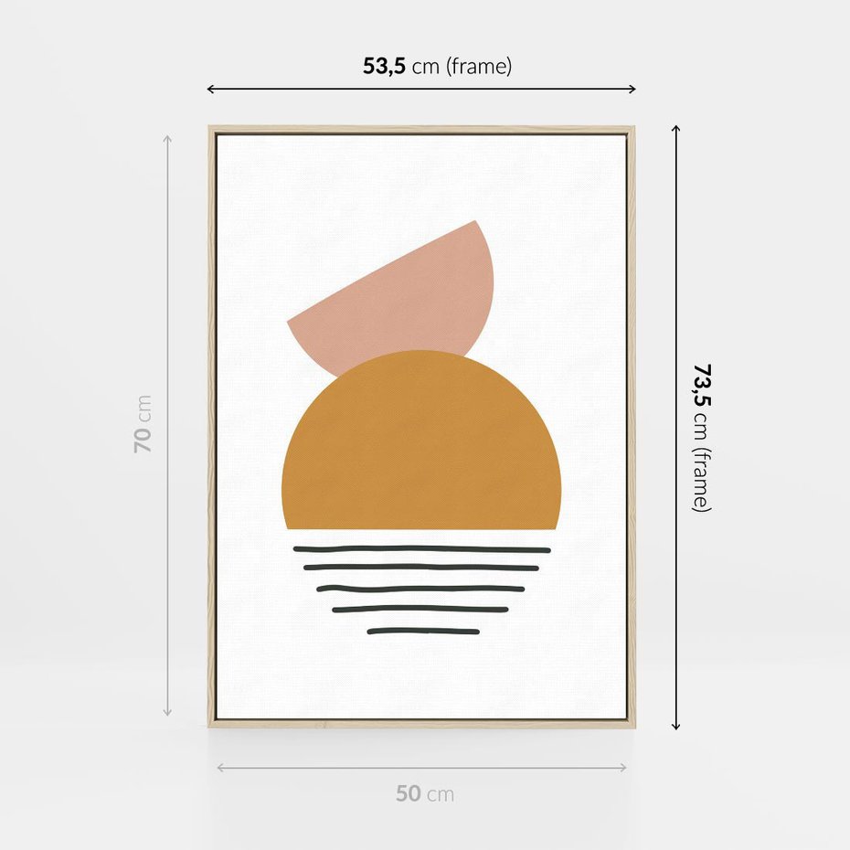 Obraz w ramie 50x70 - Kolory Przyszłości - kompozycja kół i kresek, ciepłe kolory - rama drewno