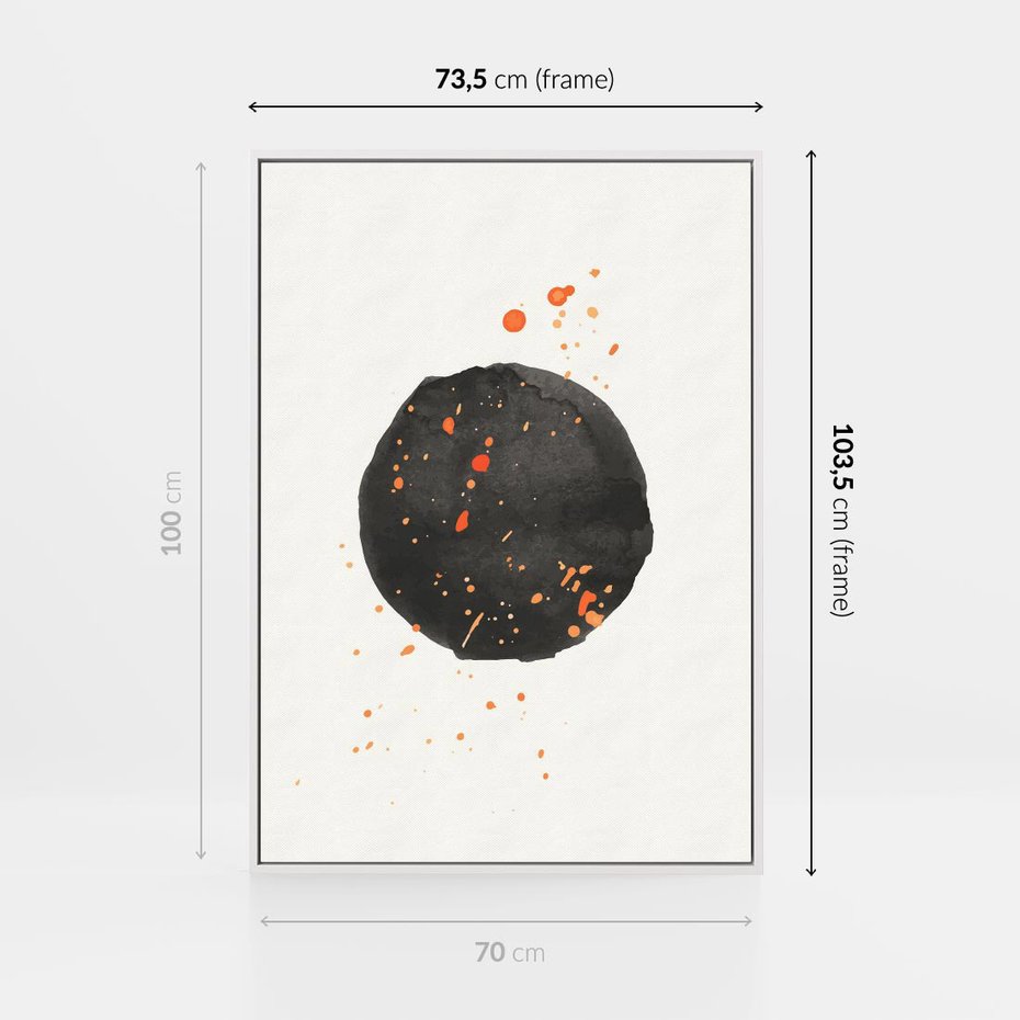 Obraz w ramie 70x100 - Wibracje Kolorów - abstrakcyjna czarna plama, rozsiane pomarańczowe kropki - rama biała