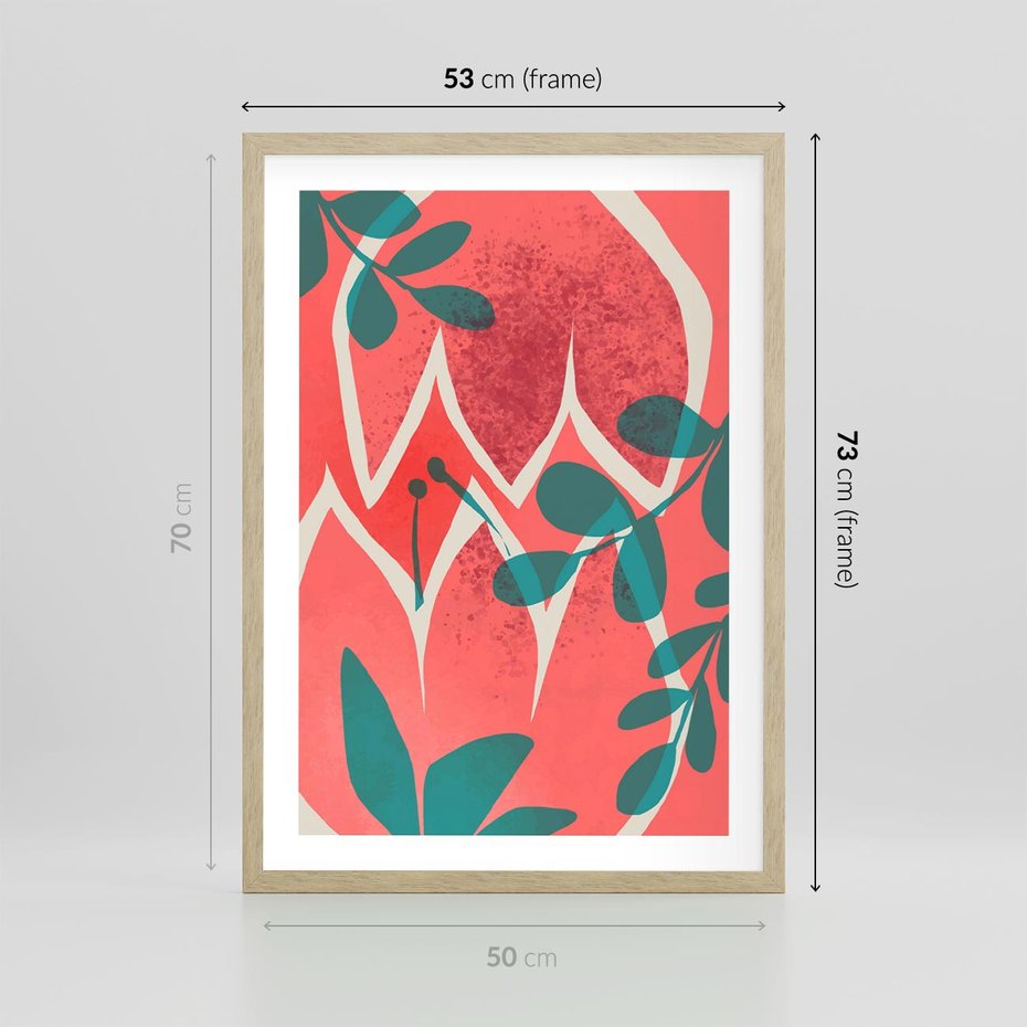 Plakat w ramie 50x70 - Migotliwe Kształty Plam - nowoczesny plakat, abstrakcyjne kwiaty - rama drewno