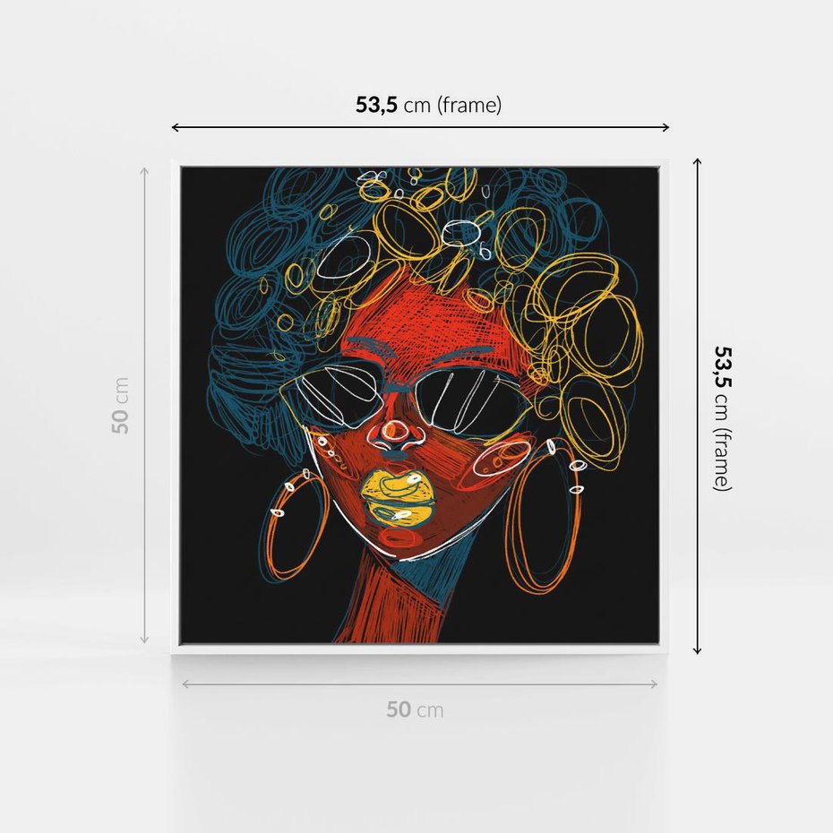 Obraz w ramie 50x50 - Kolorowe Wibracje Rzeczywistości - abstrakcyjny portret kobiety, twarz - rama biała
