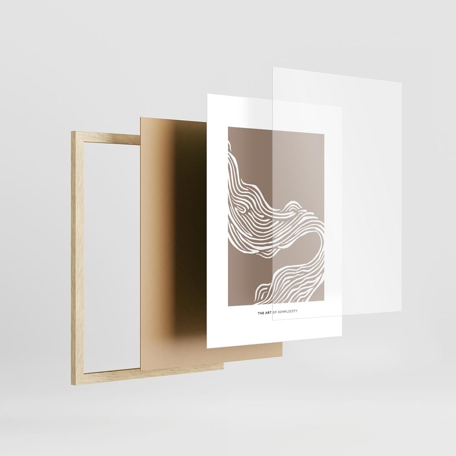 Plakat w ramie 50x70 - Harmonijne Granice - sztuka minimalizmu, biała rycina - rama drewno